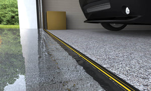 CGI Render showing the 1" High Garage Door Weather Seal stopping rain from entering the garage
