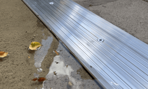 Close up of Industrial Strength Aluminum Threshold Seal holding back rain and leaves