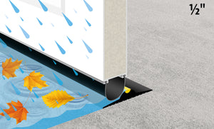 A drawing of the ½" Garage Door Threshold Seal stopping water and leaves from getting in the garage