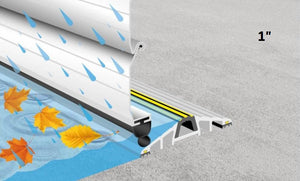 Illustration showing a fitted 1" commercial door aluminum threshold seal holding back rain and leaves