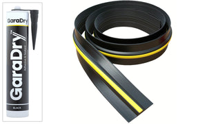 Coiled ½" Garage Door Floor Seal with an image of GaraDry adhesive