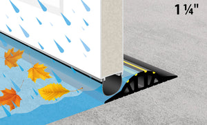 Drawing of a 1 ¼" Garage Door Trade Coil Seal on the back of a garage door preventing water and leaves from making their way inside