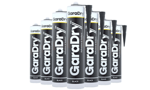 7 tubes of GaraDry adhesive lined up on a white background