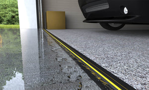 CGI render of the ¾" Garage Door Bottom Seal stopping water from affecting garage and car
