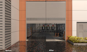 Before and after image of 1 inch commerical door threshold fitting showing a dirty and clean warehouse respectively