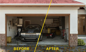 Before and after image which shows a dirty garage on the left and a clean garage on the right with an installed  ¾" Garage Door Seal Trade Coil
