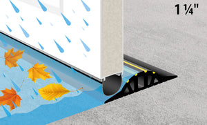 Illustration of the 1 ¼" garage door threshold seal holding back rain and leaves
