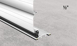 Illustration showing ½" Commercial Door Aluminum Threshold Seal pressed up against a roller shutter door