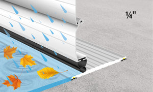 Illustration showing the Industrial Strength Aluminum Threshold Seal stopping water and leaves