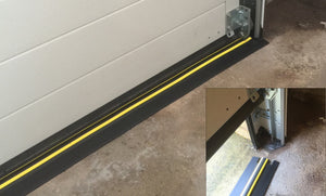 Two side-by-side photos showing how to cut a ¾" Garage Door Seal Trade Coil to fit a garage door