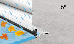 Illustration of ½" Commercial Door Aluminum Threshold Seal stopping water and leaves